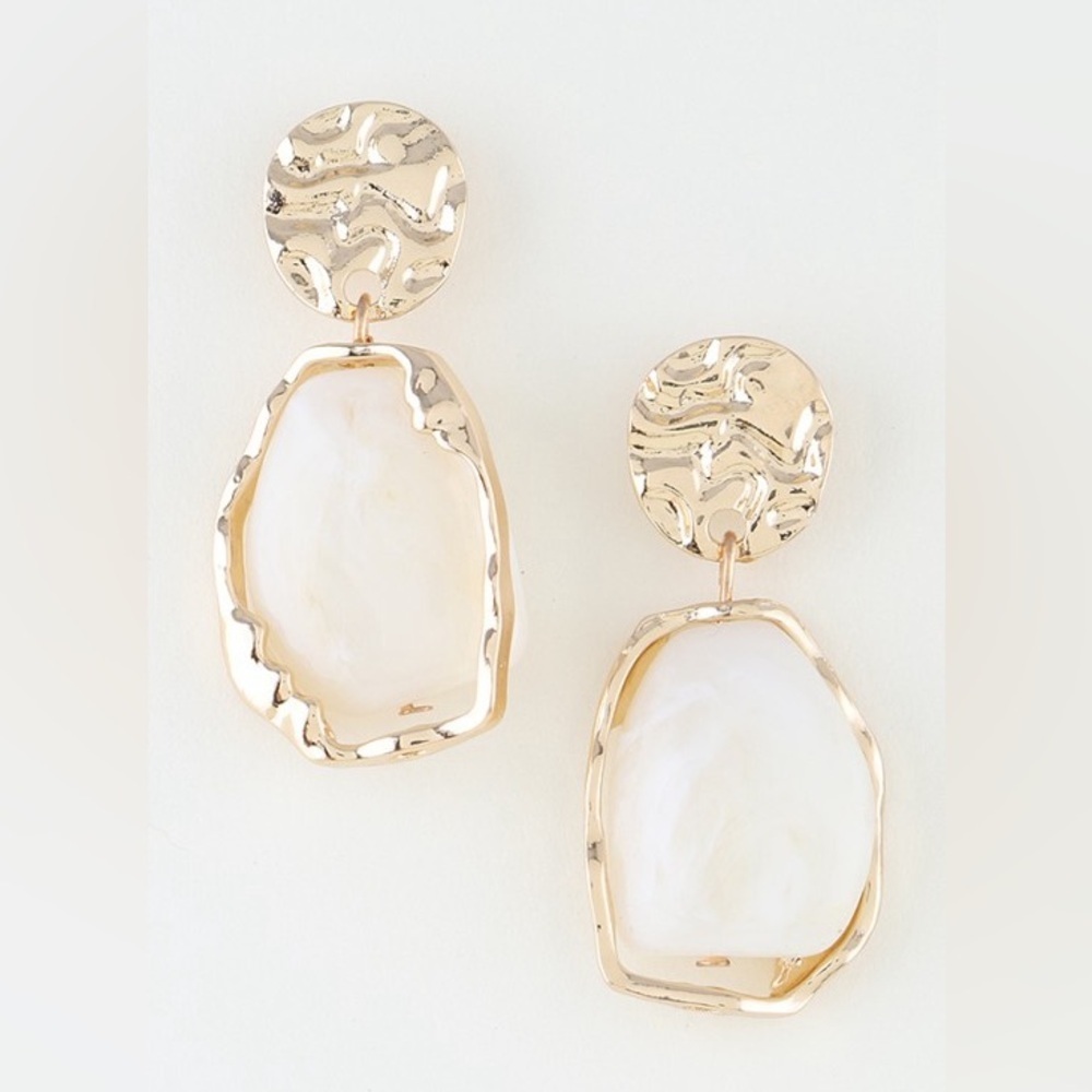 Gold White Abstract Marble Stone Earrings (5034)